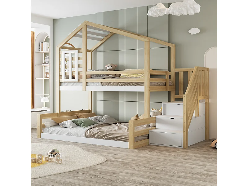 Lit superposé 90x200 cm en pin naturel, avec fenêtre, barrière de sécurité et escaliers de rangement, style maisonnette