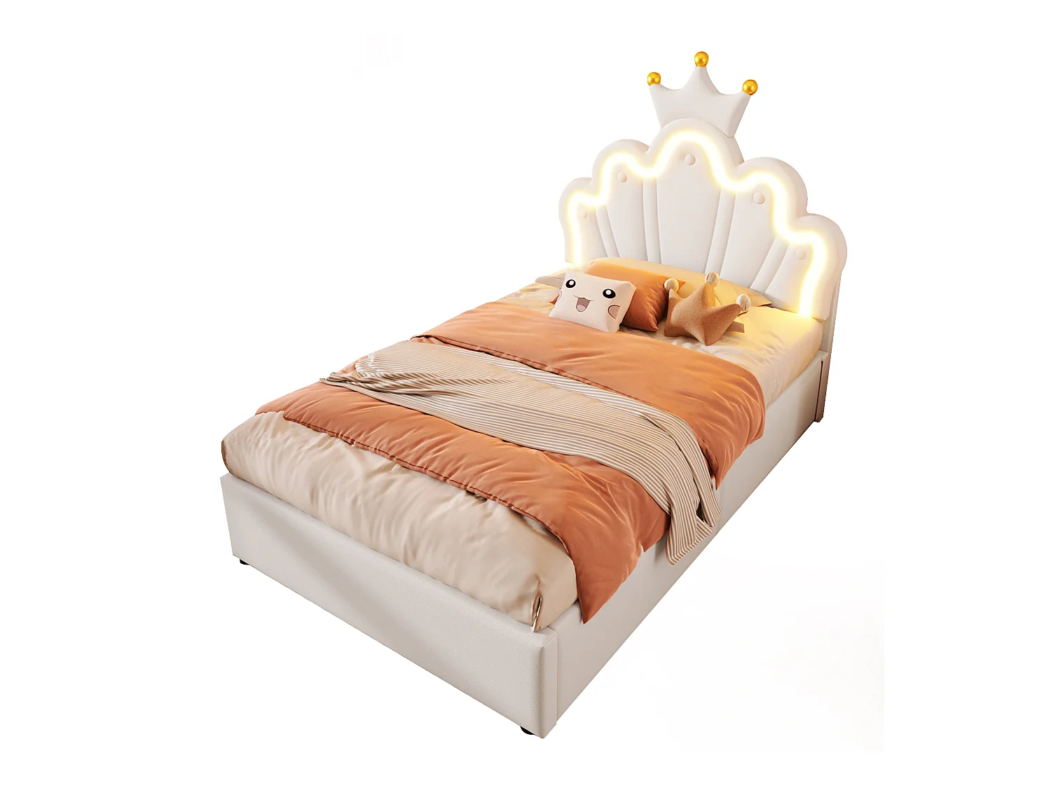 Lit rembourré 90x200 cm sans matelas, bande LED, mécanisme hydraulique, lit princesse en forme de couronne, tête de lit réglable, PU, Blanc