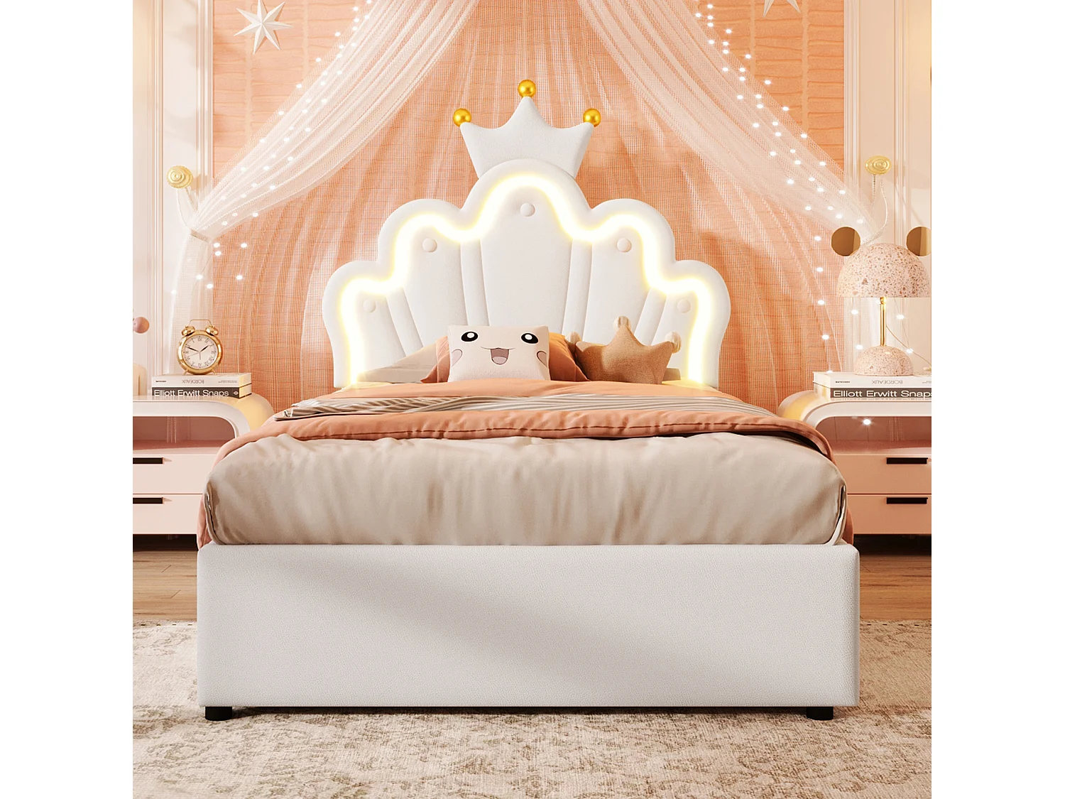 Lit rembourré 90x200 cm sans matelas, bande LED, mécanisme hydraulique, lit princesse en forme de couronne, tête de lit réglable, PU, Blanc