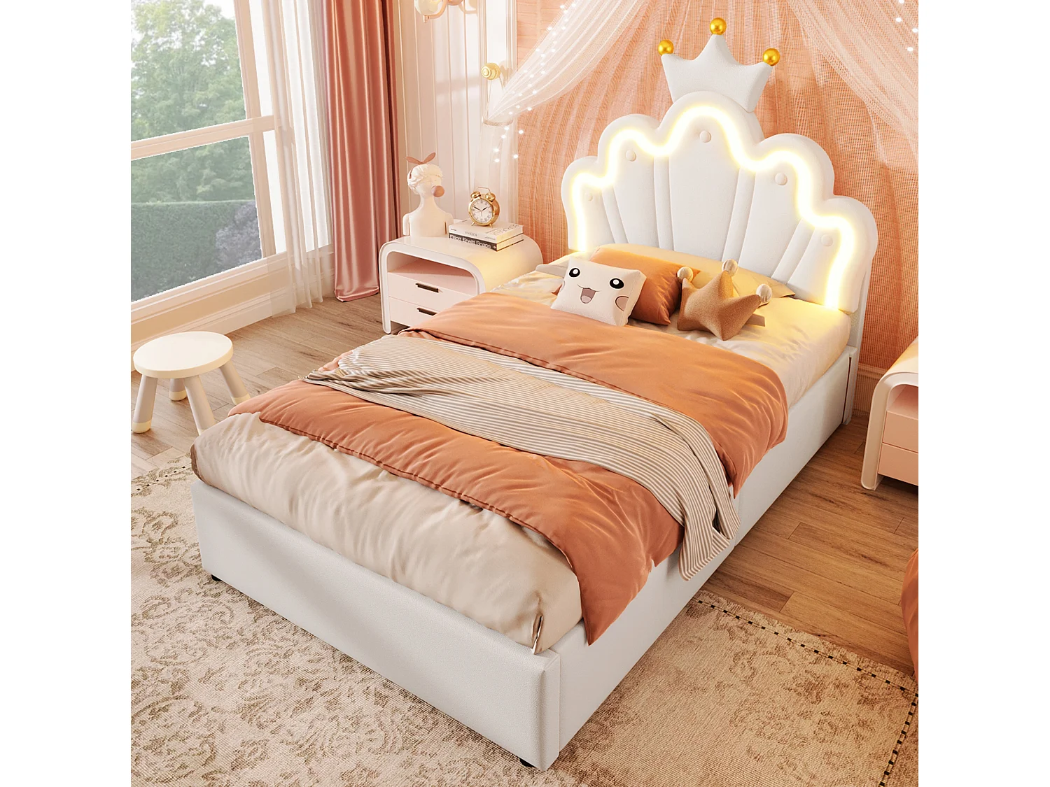 Lit rembourré 90x200 cm sans matelas, bande LED, mécanisme hydraulique, lit princesse en forme de couronne, tête de lit réglable, PU, Blanc