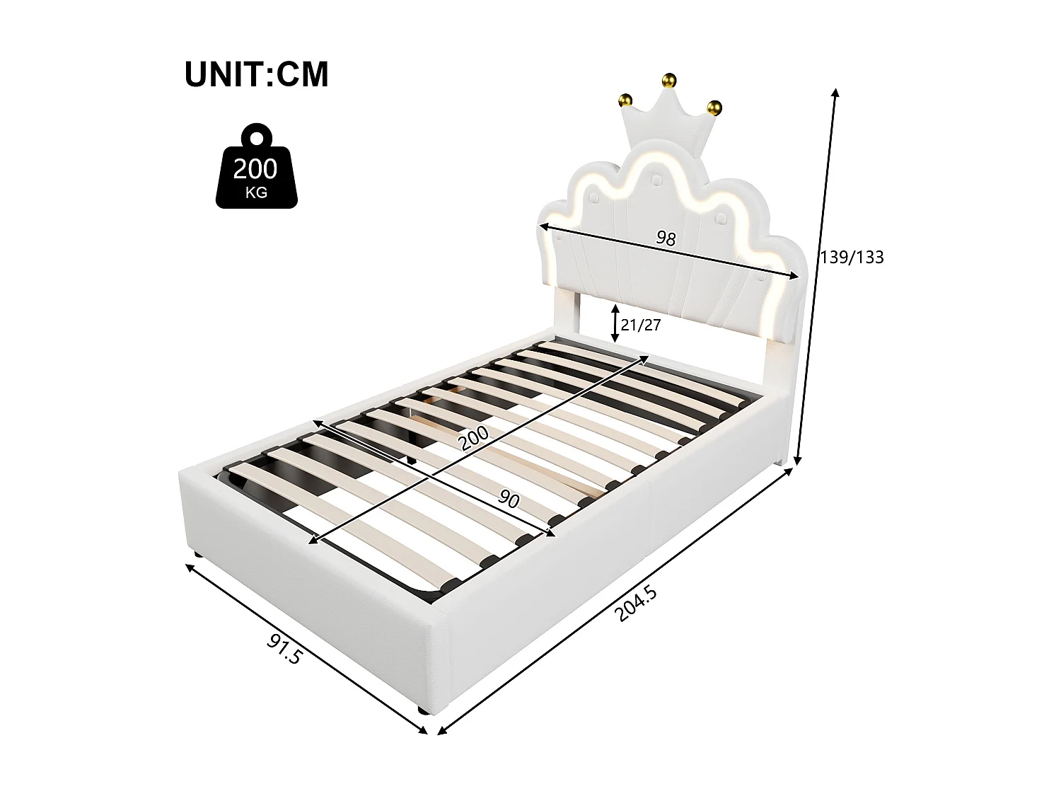 Lit rembourré 90x200 cm sans matelas, bande LED, mécanisme hydraulique, lit princesse en forme de couronne, tête de lit réglable, PU, Blanc