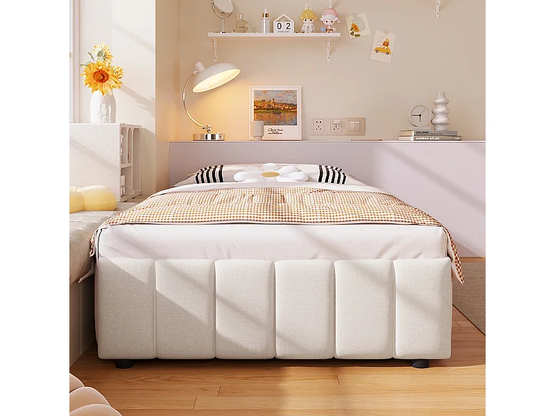 Lit capitonné 90x200 cm avec rangement hydraulique, sans tête de lit ni matelas, tissu beige