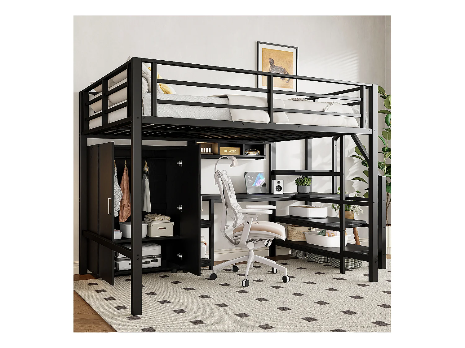 Lit mezzanine 140x200 cm en bois noir, avec armoire, bureau, étagères et échelle latérale, sans matelas inclus