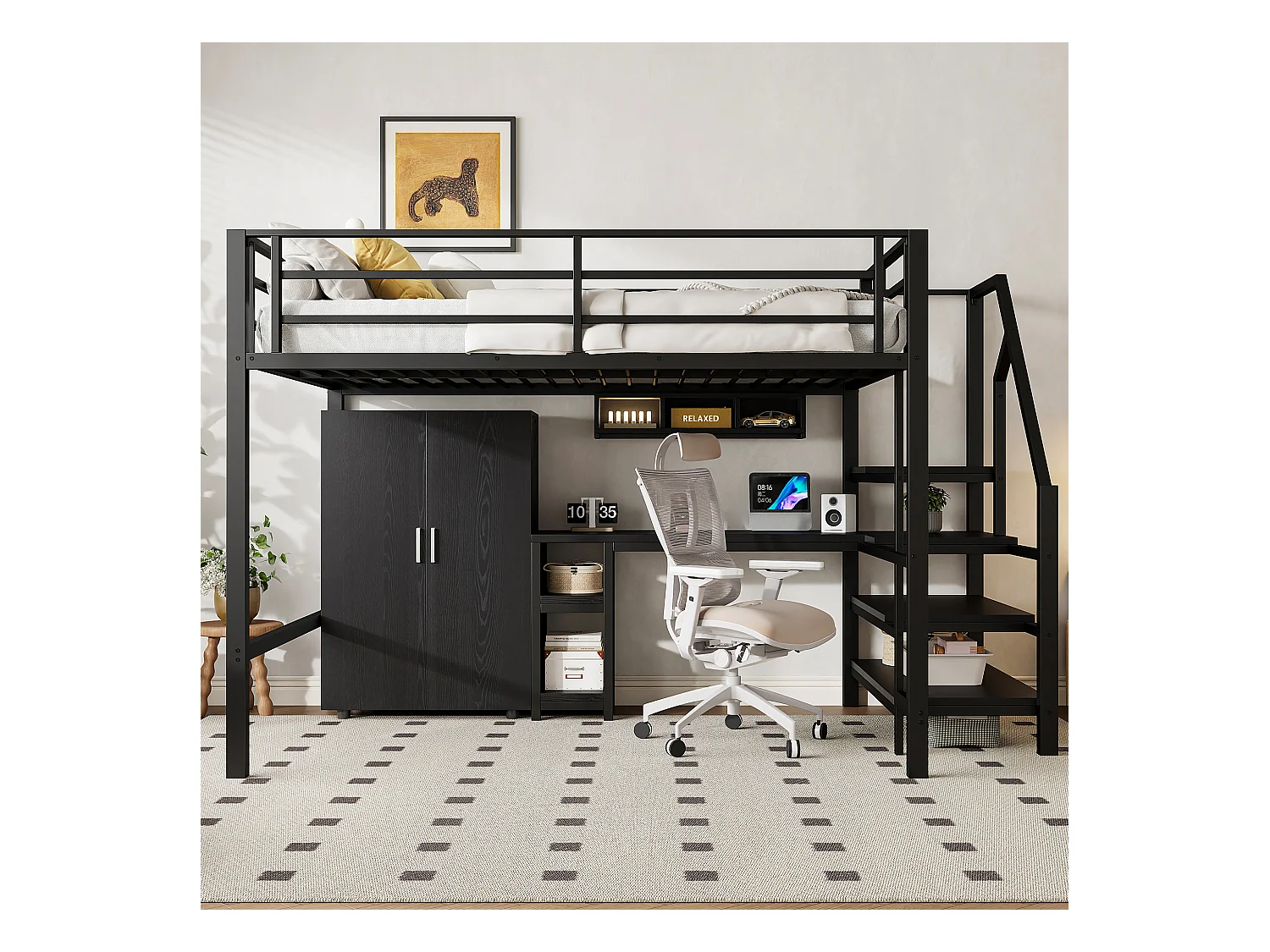 Lit mezzanine 140x200 cm en bois noir, avec armoire, bureau, étagères et échelle latérale, sans matelas inclus