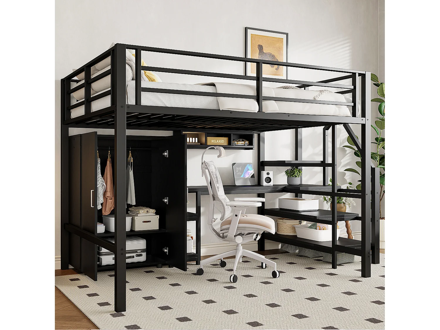 Lit mezzanine 140x200 cm en bois noir, avec armoire, bureau, étagères et échelle latérale, sans matelas inclus