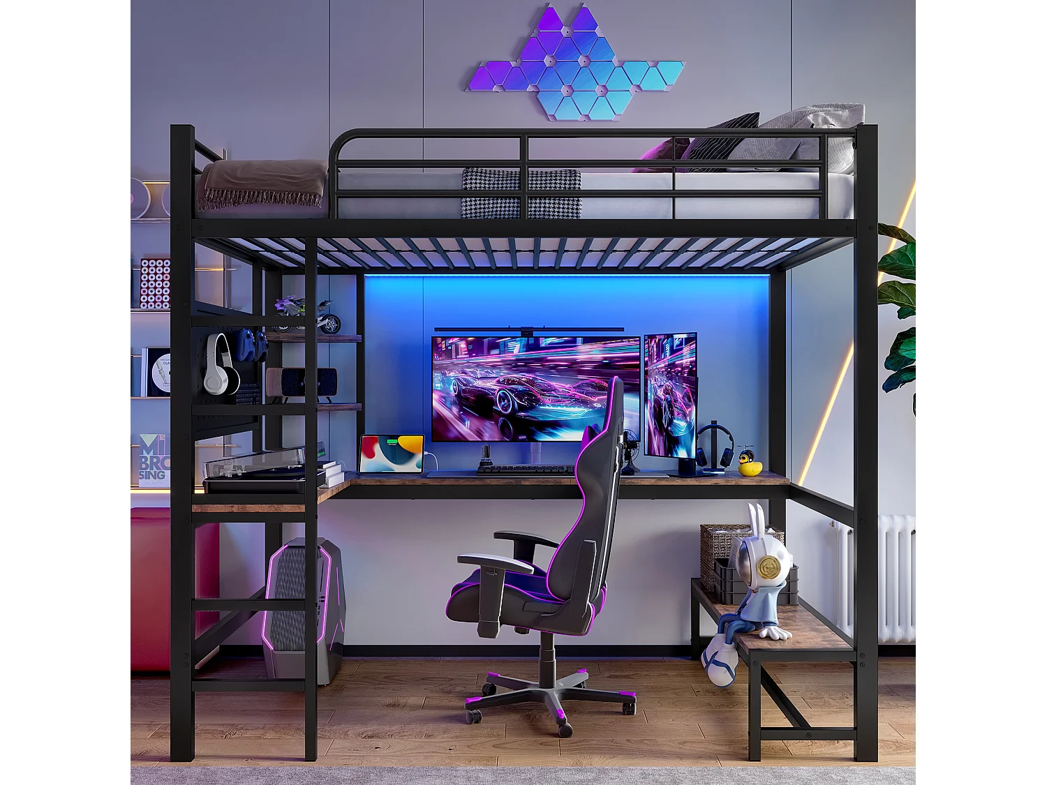 Lit mezzanine 90x200 cm, cadre en métal avec bureau, échelle, étagères, prise USB + Type-C, LED, sans matelas, Noir