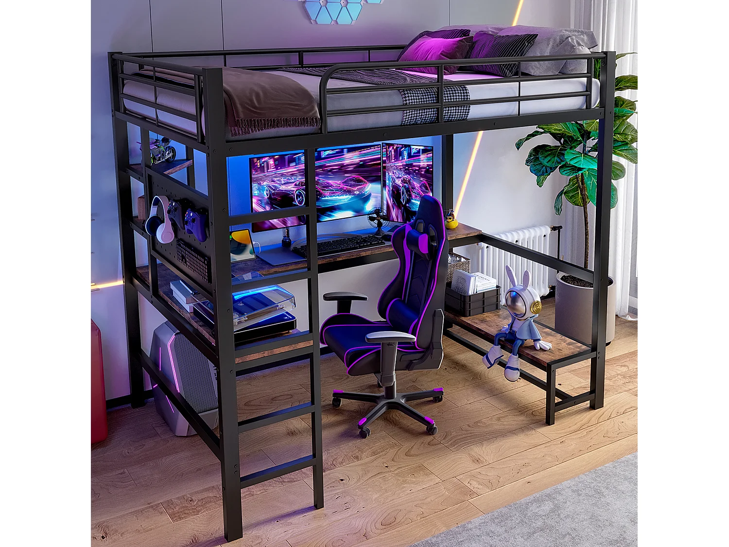 Lit mezzanine 90x200 cm, cadre en métal avec bureau, échelle, étagères, prise USB + Type-C, LED, sans matelas, Noir