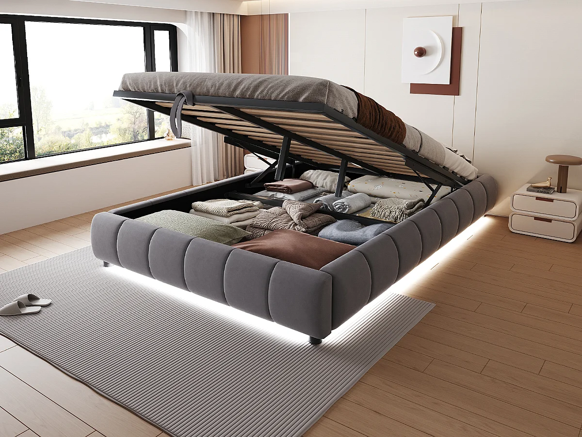 Lit rembourré 140 x 200 cm, sans tête de lit, avec éclairage LED, cadre de lit hydraulique avec rangement, gris