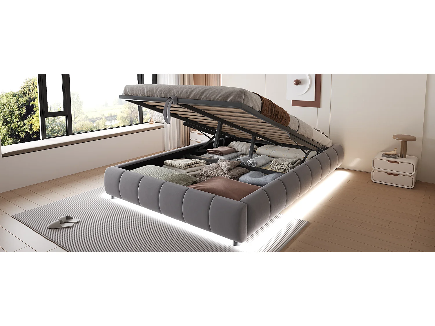 Lit rembourré 140 x 200 cm, sans tête de lit, avec éclairage LED, cadre de lit hydraulique avec rangement, gris