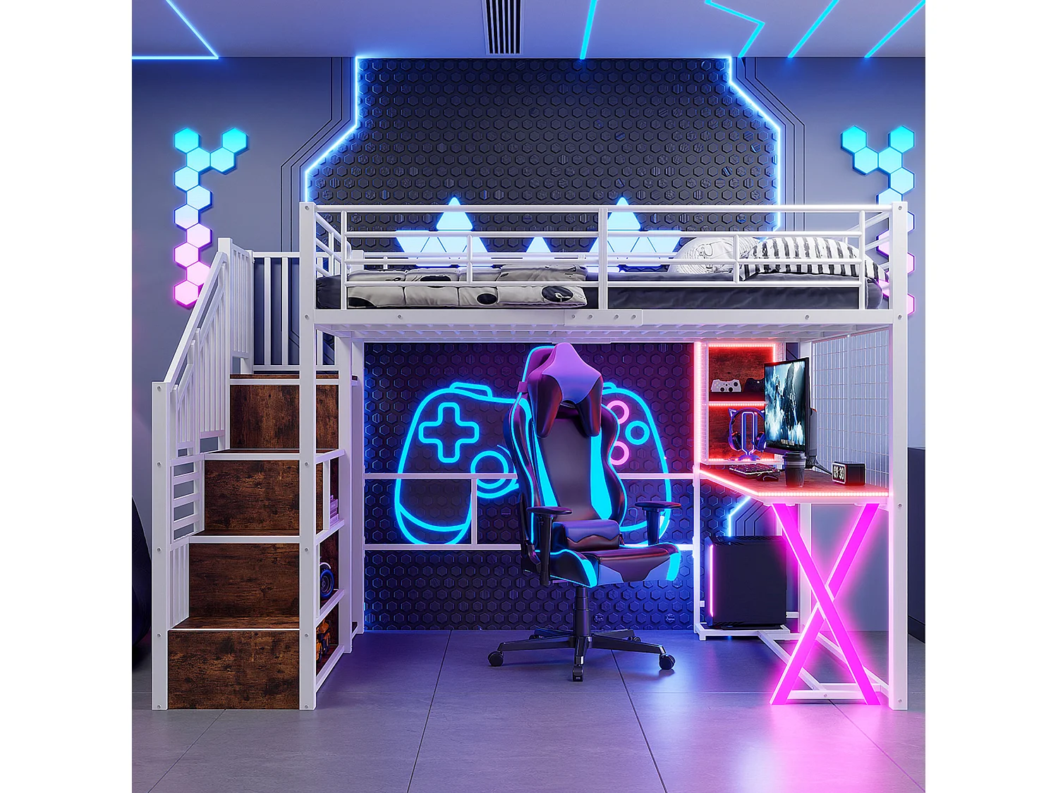 Lit mezzanine 140x200 cm en métal blanc, avec éclairage LED, bureau, armoire, étagères et échelle intégrée, sans matelas