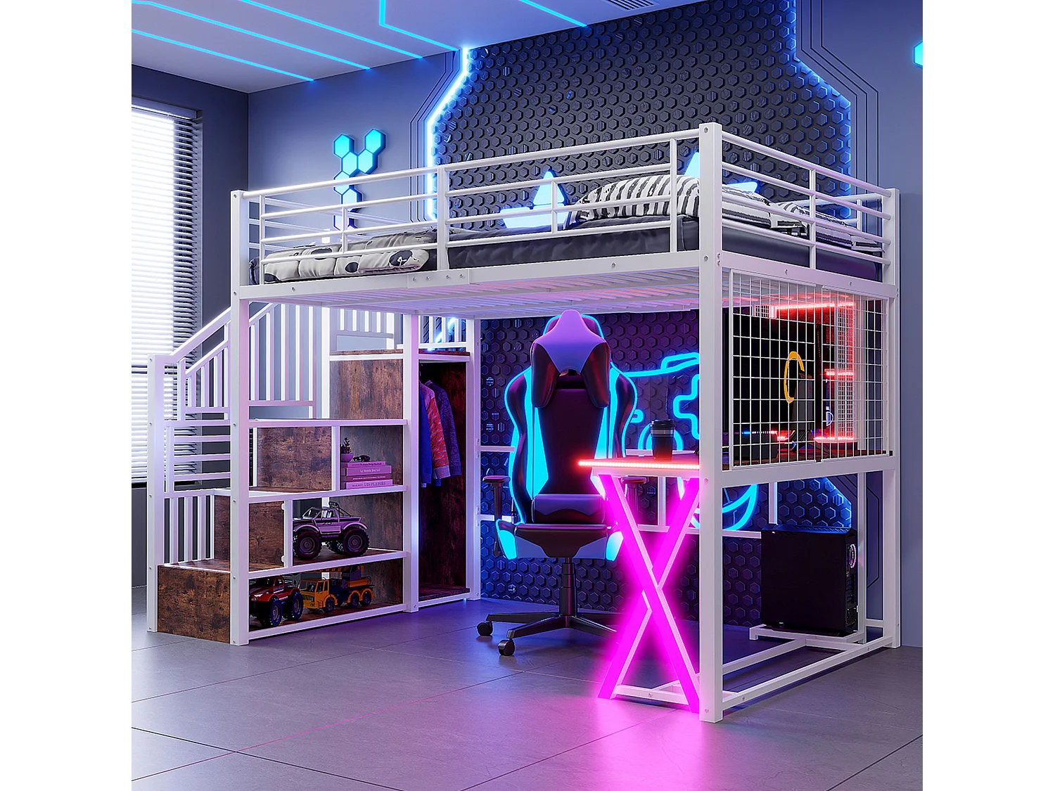 Lit mezzanine 140x200 cm en métal blanc, avec éclairage LED, bureau, armoire, étagères et échelle intégrée, sans matelas