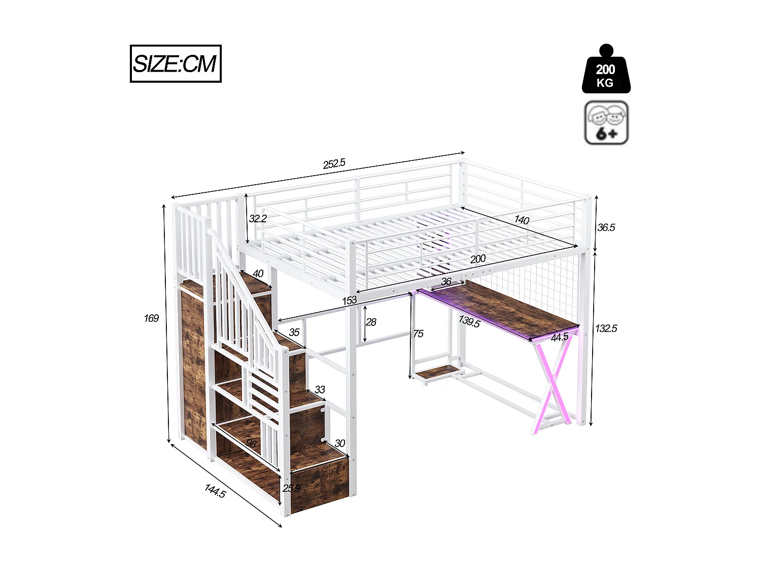 Lit mezzanine 140x200 cm en métal blanc, avec éclairage LED, bureau, armoire, étagères et échelle intégrée, sans matelas