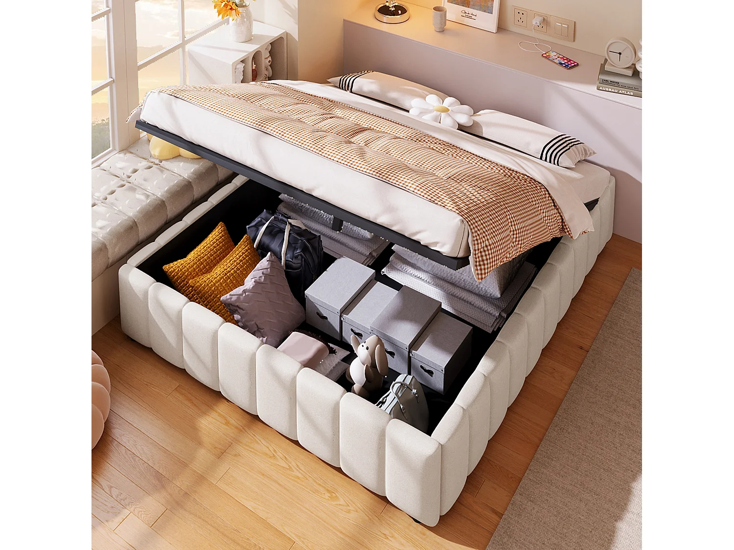 Lit capitonné 140x200 cm avec rangement hydraulique, sans tête de lit ni matelas, tissu beige