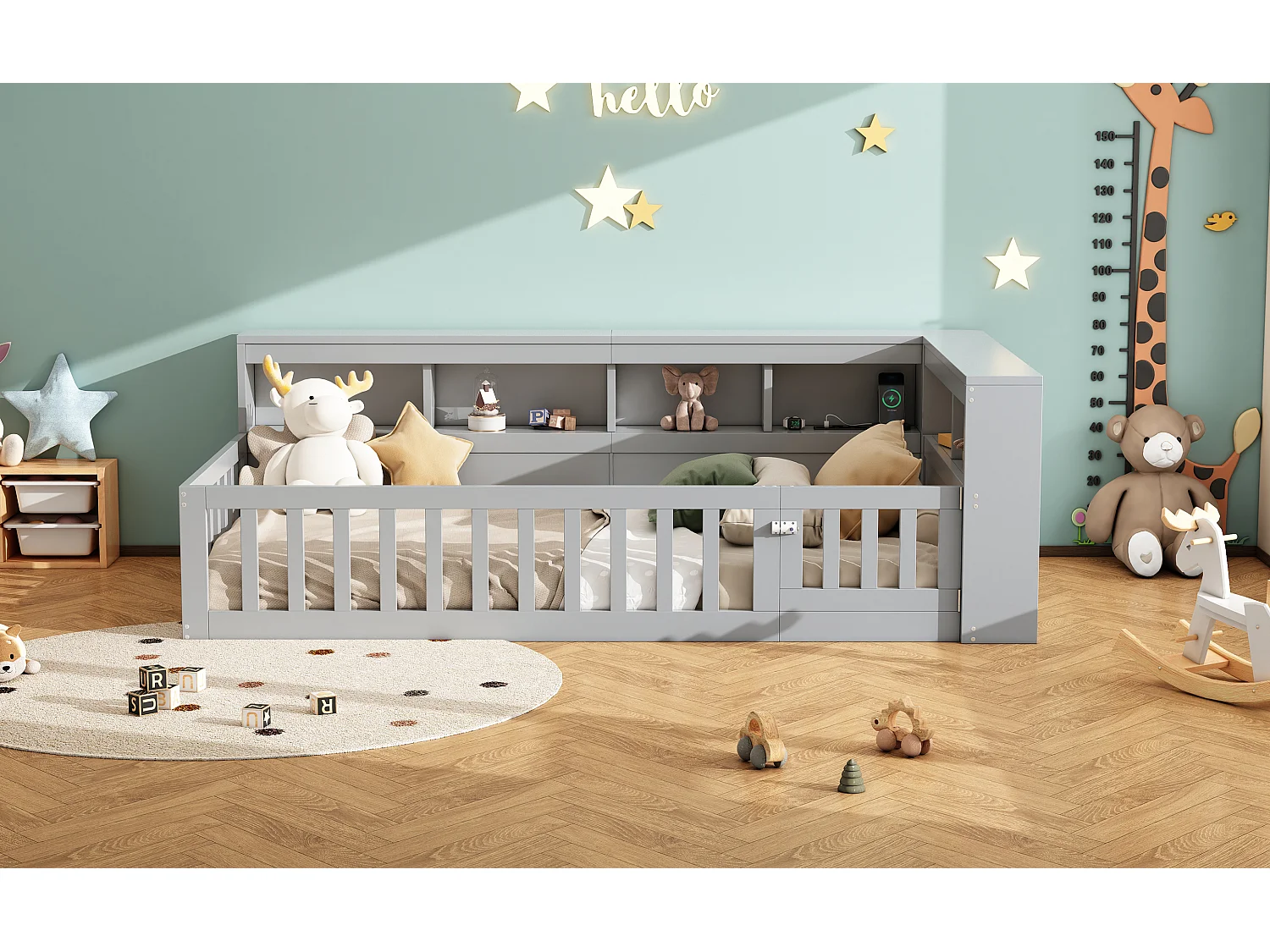 Daybed 90x200 cm, canapé-lit avec rangement latéral, sommier (sans matelas), rambarde, panneau de particules, prise + USB, Gris