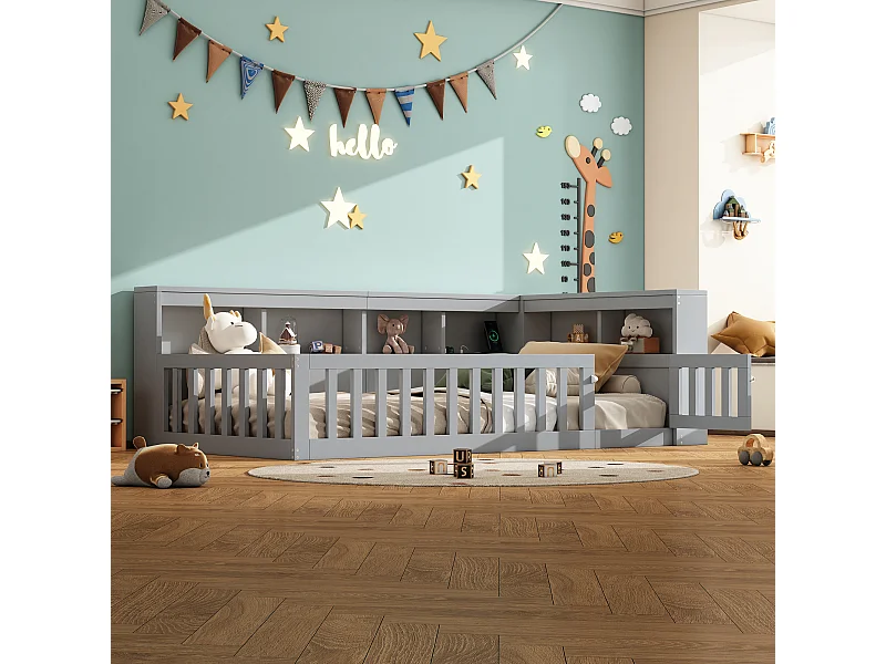 Daybed 90x200 cm, canapé-lit avec rangement latéral, sommier (sans matelas), rambarde, panneau de particules, prise + USB, Gris