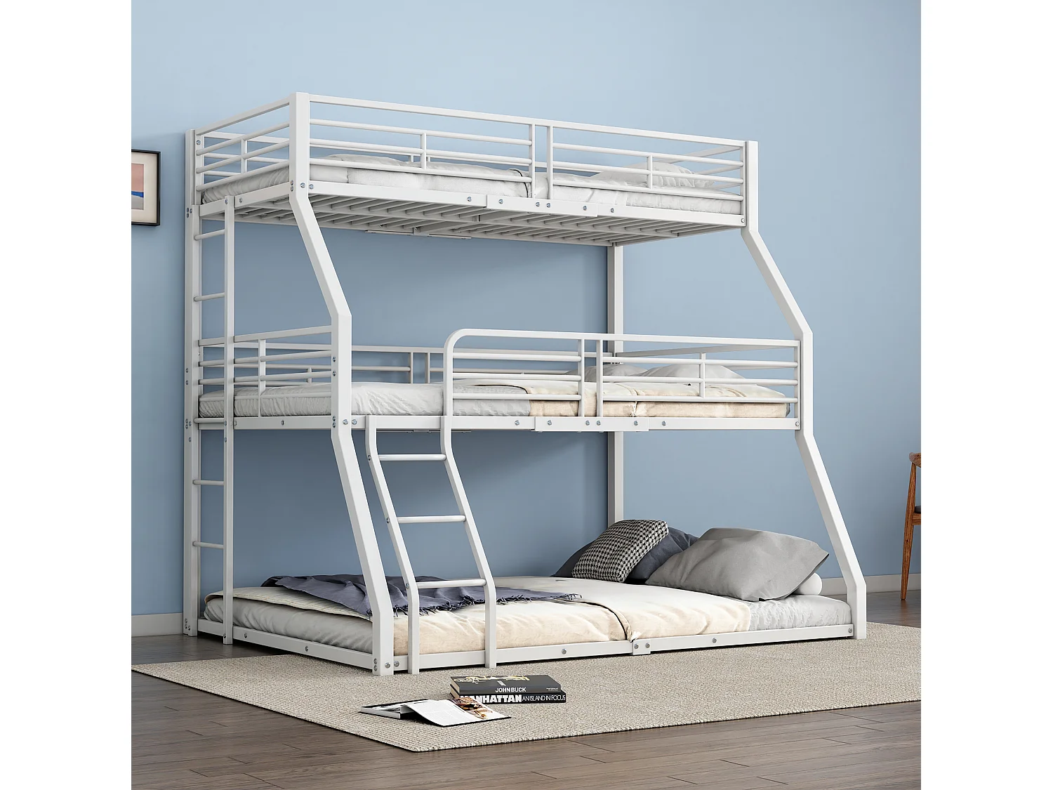 Lit superposé triple 90x200 120x200 140x200 cm blanc, cadre en métal solide, pour enfants, adolescents et adultes