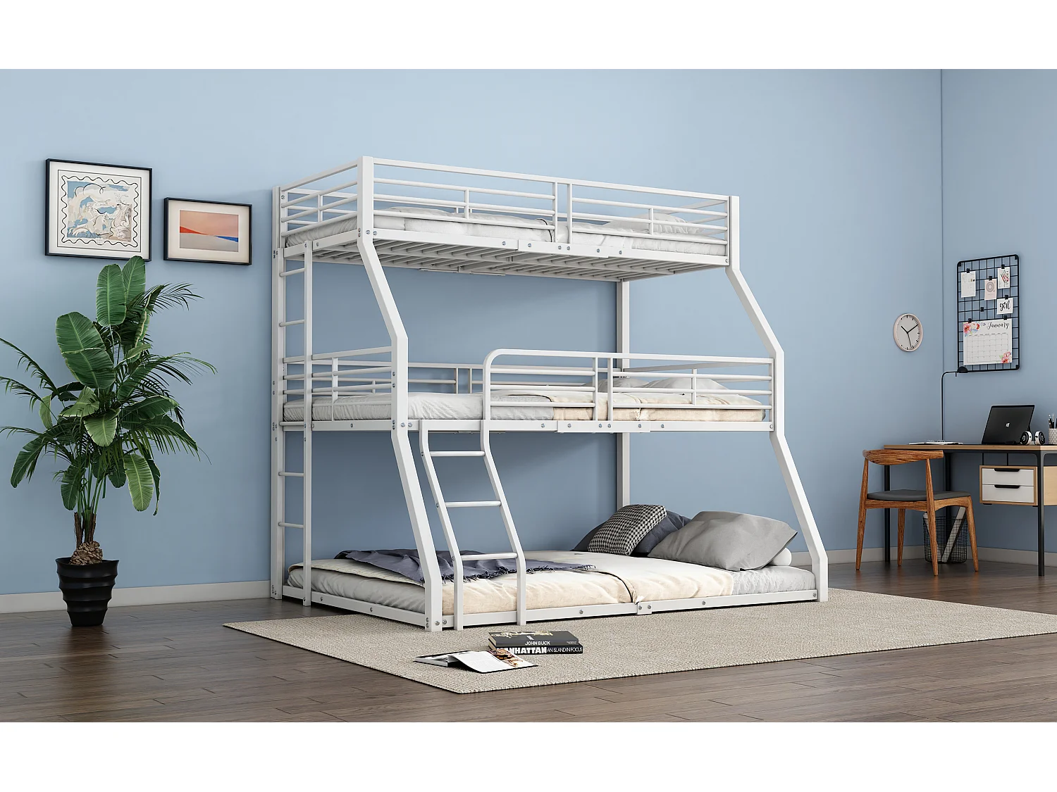 Lit superposé triple 90x200 120x200 140x200 cm blanc, cadre en métal solide, pour enfants, adolescents et adultes