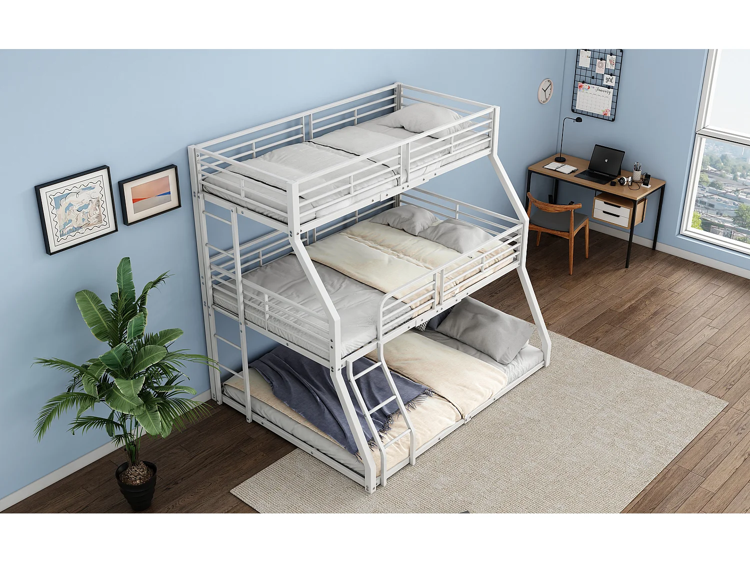 Lit superposé triple 90x200 120x200 140x200 cm blanc, cadre en métal solide, pour enfants, adolescents et adultes