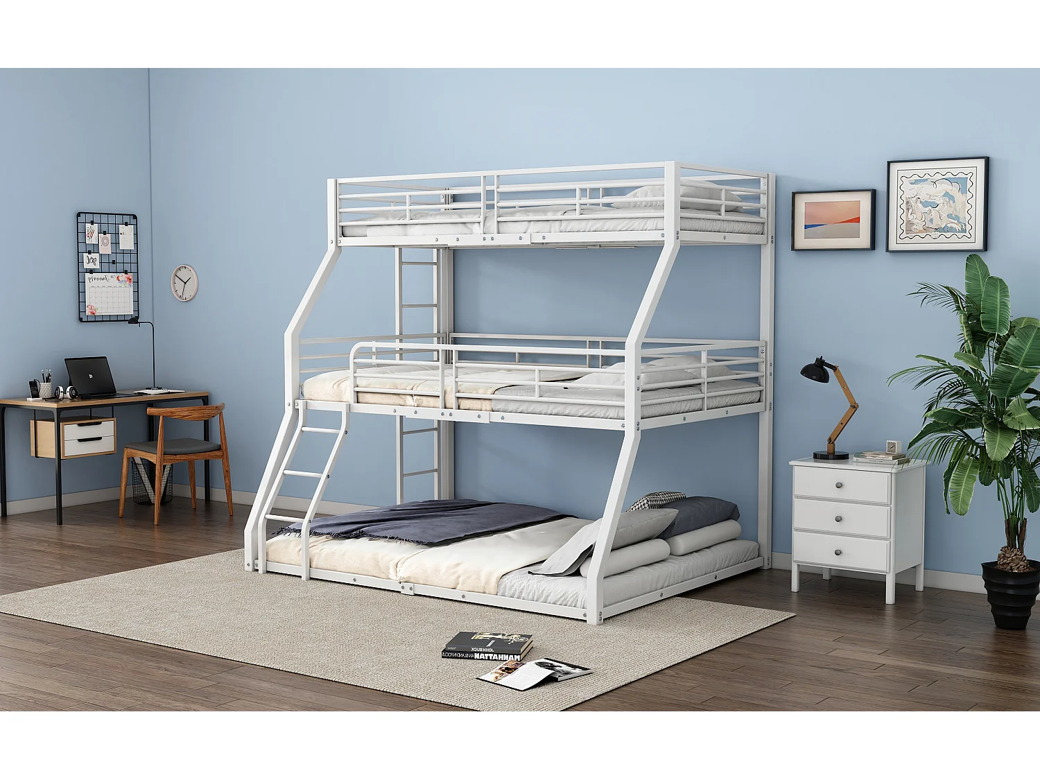 Lit superposé triple 90x200 120x200 140x200 cm blanc, cadre en métal solide, pour enfants, adolescents et adultes