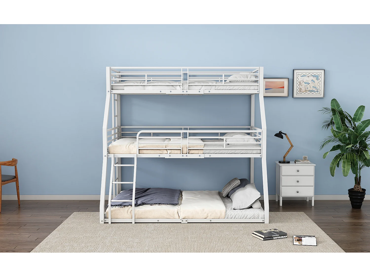 Lit superposé triple 90x200 120x200 140x200 cm blanc, cadre en métal solide, pour enfants, adolescents et adultes