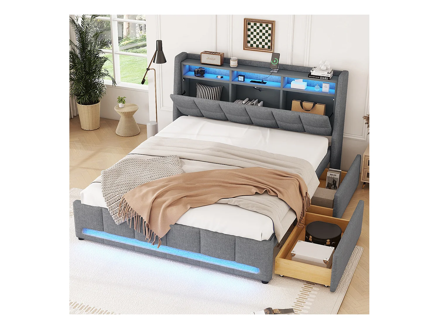 Lit rembourré 140x200 cm gris, en lin, avec lumière LED contrôlée par appli, tiroirs, prises USB et espace de rangement