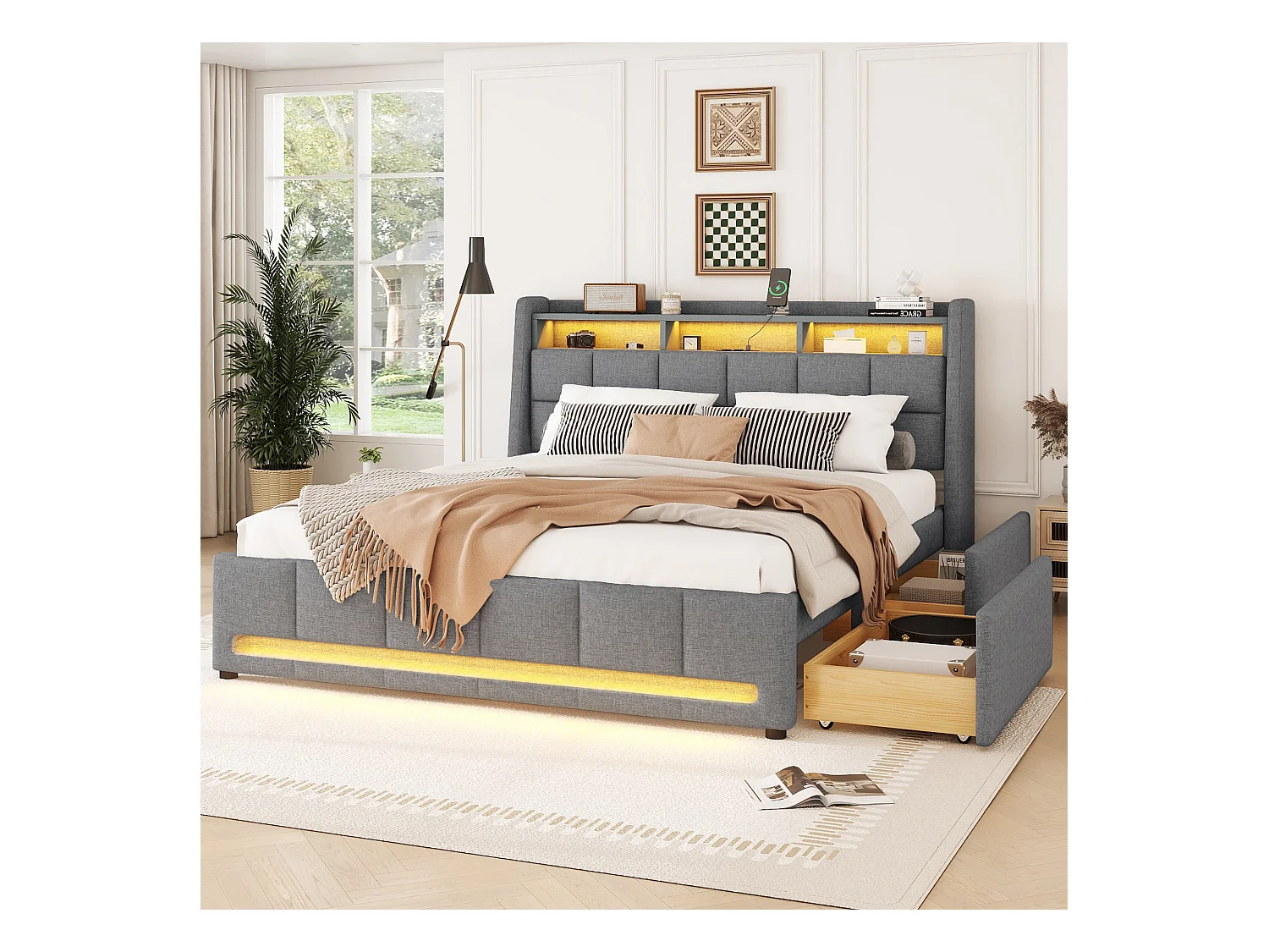 Lit rembourré 140x200 cm gris, en lin, avec lumière LED contrôlée par appli, tiroirs, prises USB et espace de rangement