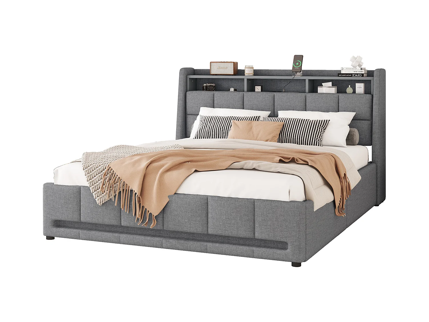 Lit rembourré 140x200 cm gris, en lin, avec lumière LED contrôlée par appli, tiroirs, prises USB et espace de rangement