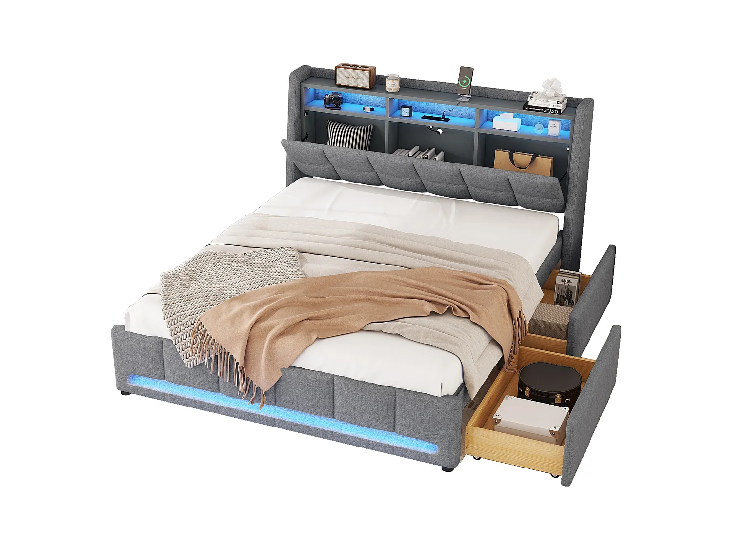 Lit rembourré 140x200 cm gris, en lin, avec lumière LED contrôlée par appli, tiroirs, prises USB et espace de rangement