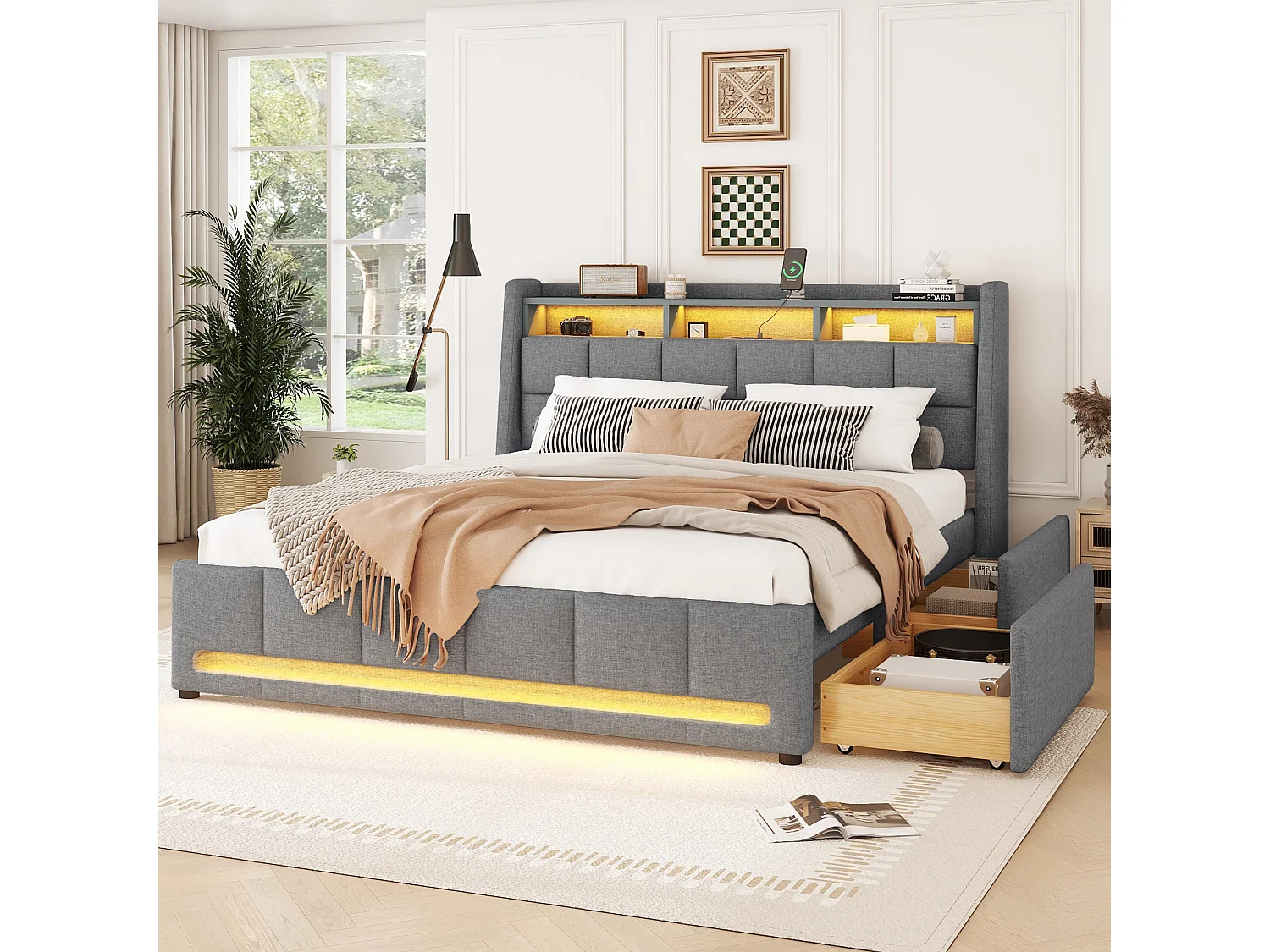 Lit rembourré 140x200 cm gris, en lin, avec lumière LED contrôlée par appli, tiroirs, prises USB et espace de rangement