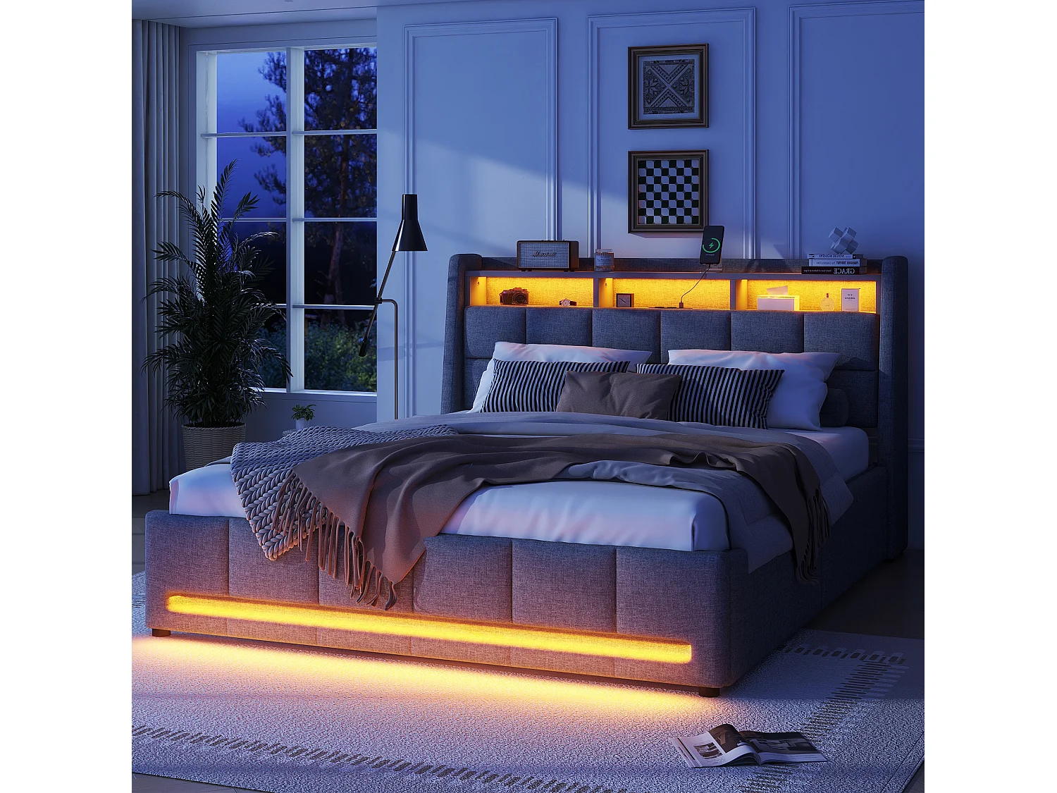 Lit rembourré 140x200 cm gris, en lin, avec lumière LED contrôlée par appli, tiroirs, prises USB et espace de rangement