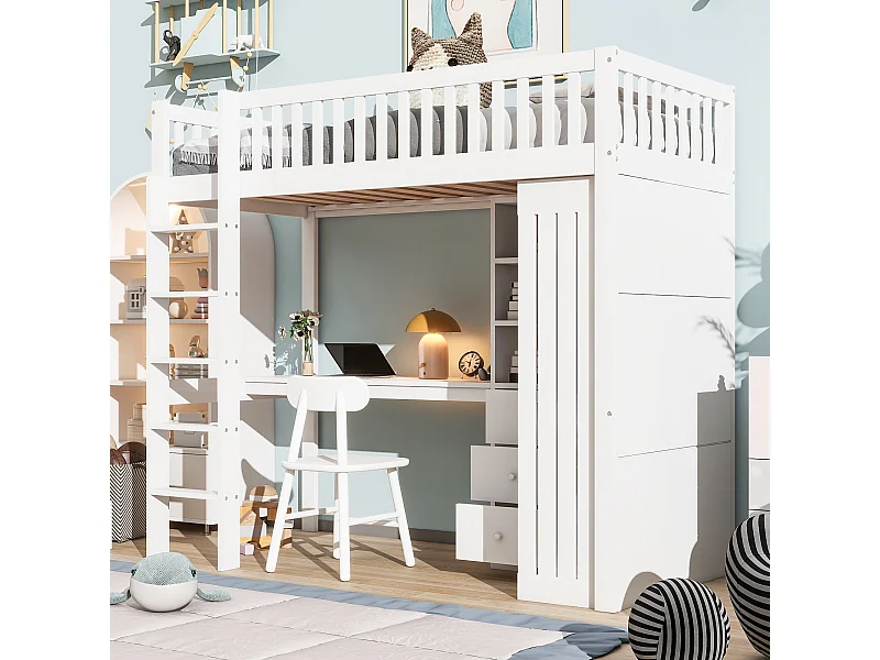 Lit mezzanine 90x200 cm en bois blanc, avec bureau, armoire, 3 tiroirs, rangement ouvert, garde-corps et escalier