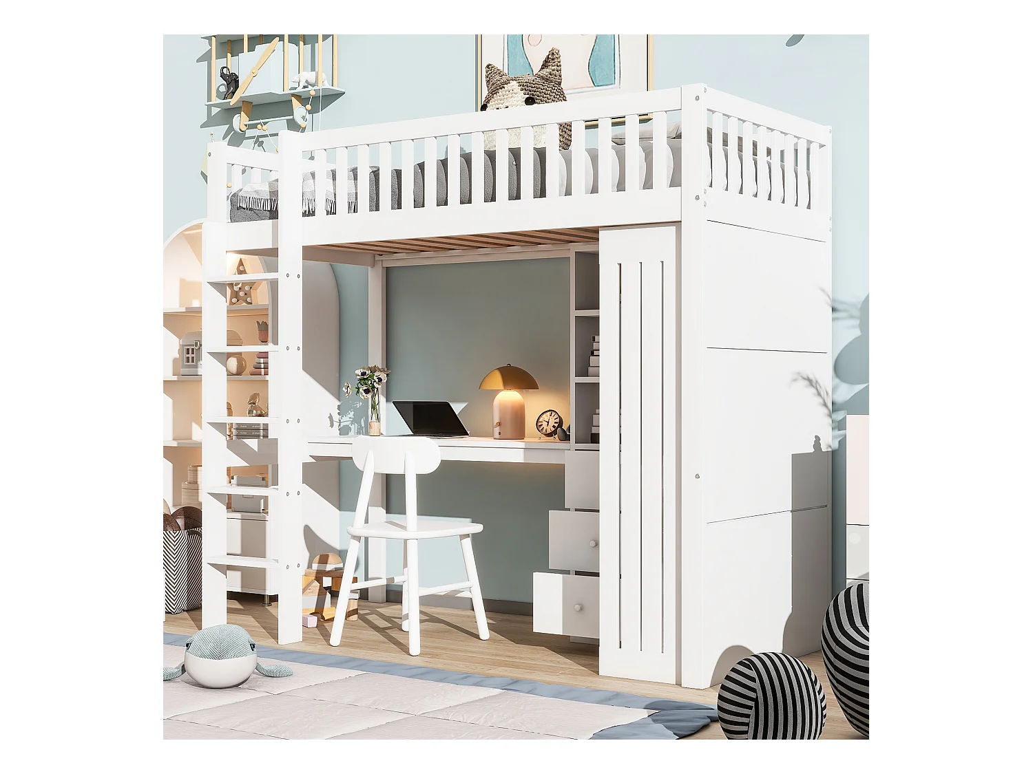 Lit mezzanine 90x200 cm en bois blanc, avec bureau, armoire, 3 tiroirs, rangement ouvert, garde-corps et escalier