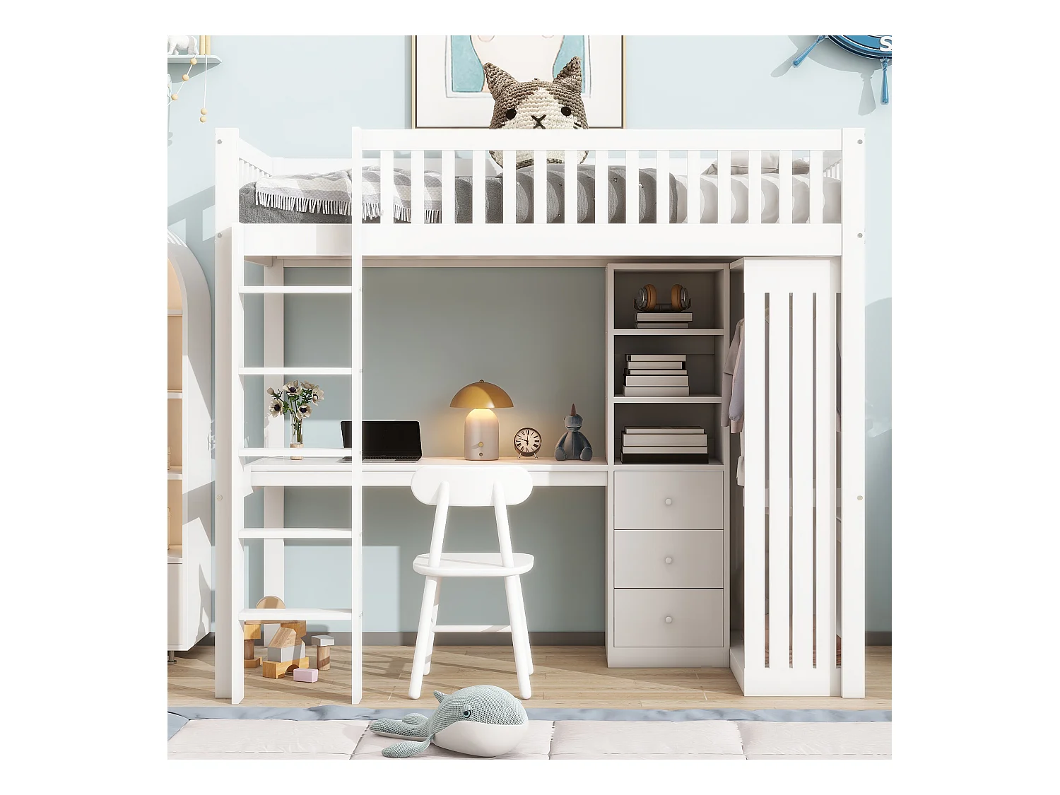 Lit mezzanine 90x200 cm en bois blanc, avec bureau, armoire, 3 tiroirs, rangement ouvert, garde-corps et escalier