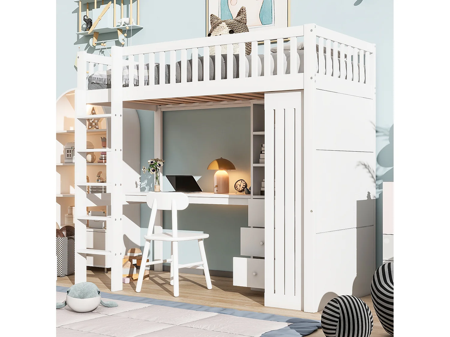 Lit mezzanine 90x200 cm en bois blanc, avec bureau, armoire, 3 tiroirs, rangement ouvert, garde-corps et escalier