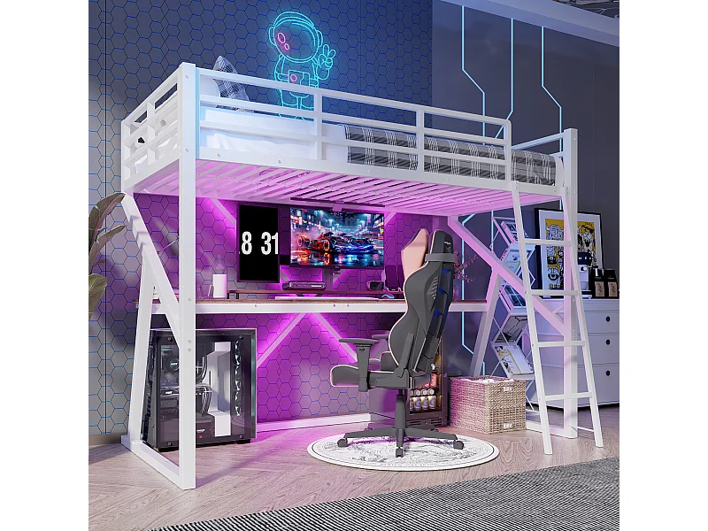 Lit mezzanine 90x200 cm en métal blanc, avec bande LED, bureau, garde-corps et escalier intégré, sans matelas inclus