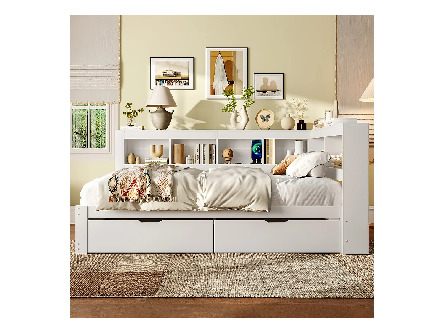 Daybed 140x200 cm, canapé-lit avec deux tiroirs, prise électrique et 2 ports USB, avec sommier (sans matelas), panneau de particules, Blanc