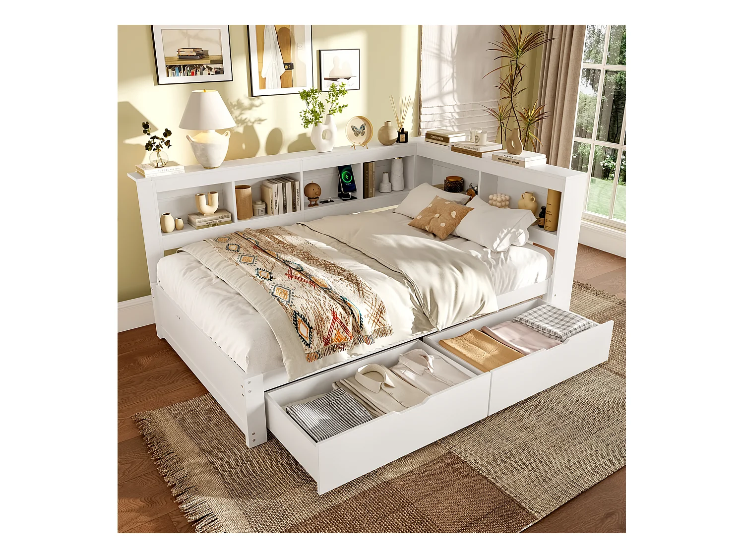 Daybed 140x200 cm, canapé-lit avec deux tiroirs, prise électrique et 2 ports USB, avec sommier (sans matelas), panneau de particules, Blanc