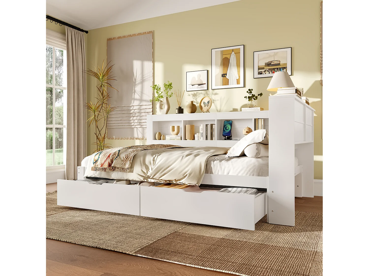 Daybed 140x200 cm, canapé-lit avec deux tiroirs, prise électrique et 2 ports USB, avec sommier (sans matelas), panneau de particules, Blanc