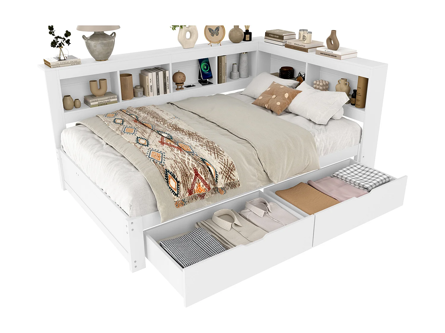 Daybed 140x200 cm, canapé-lit avec deux tiroirs, prise électrique et 2 ports USB, avec sommier (sans matelas), panneau de particules, Blanc