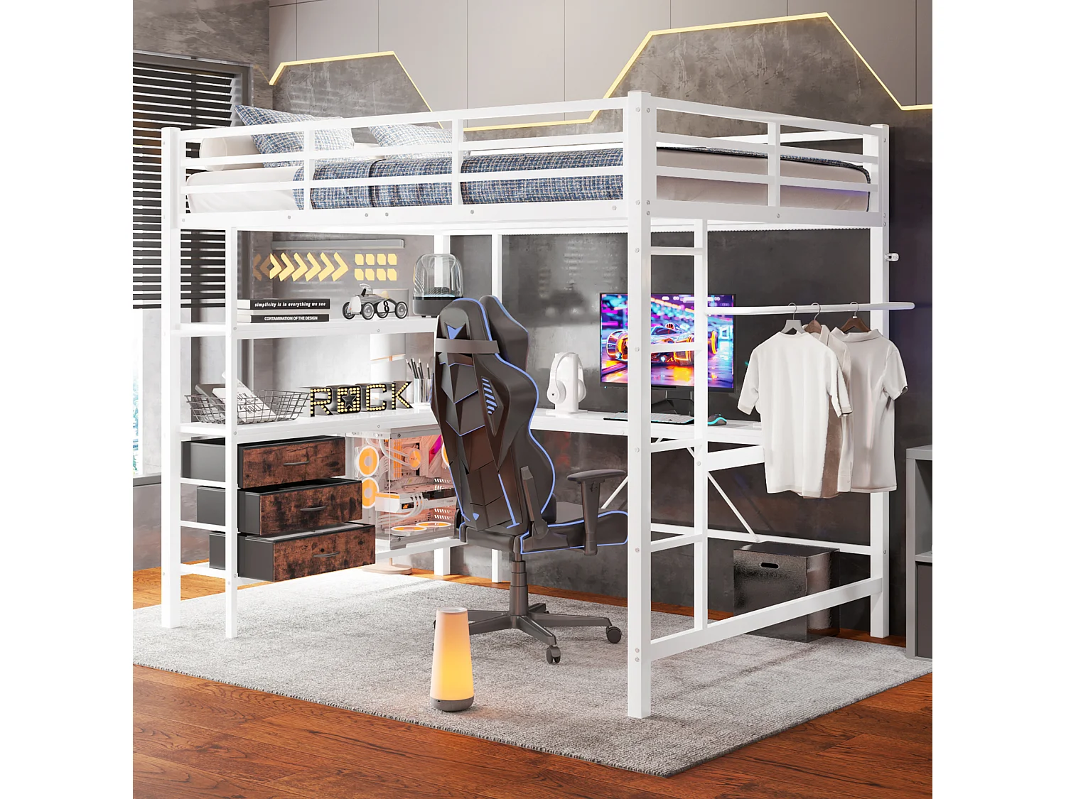 Lit mezzanine 140x200 cm en métal blanc, avec LED, bureau, 3 tiroirs, étagères, prise USB, garde-corps et escalier intégré