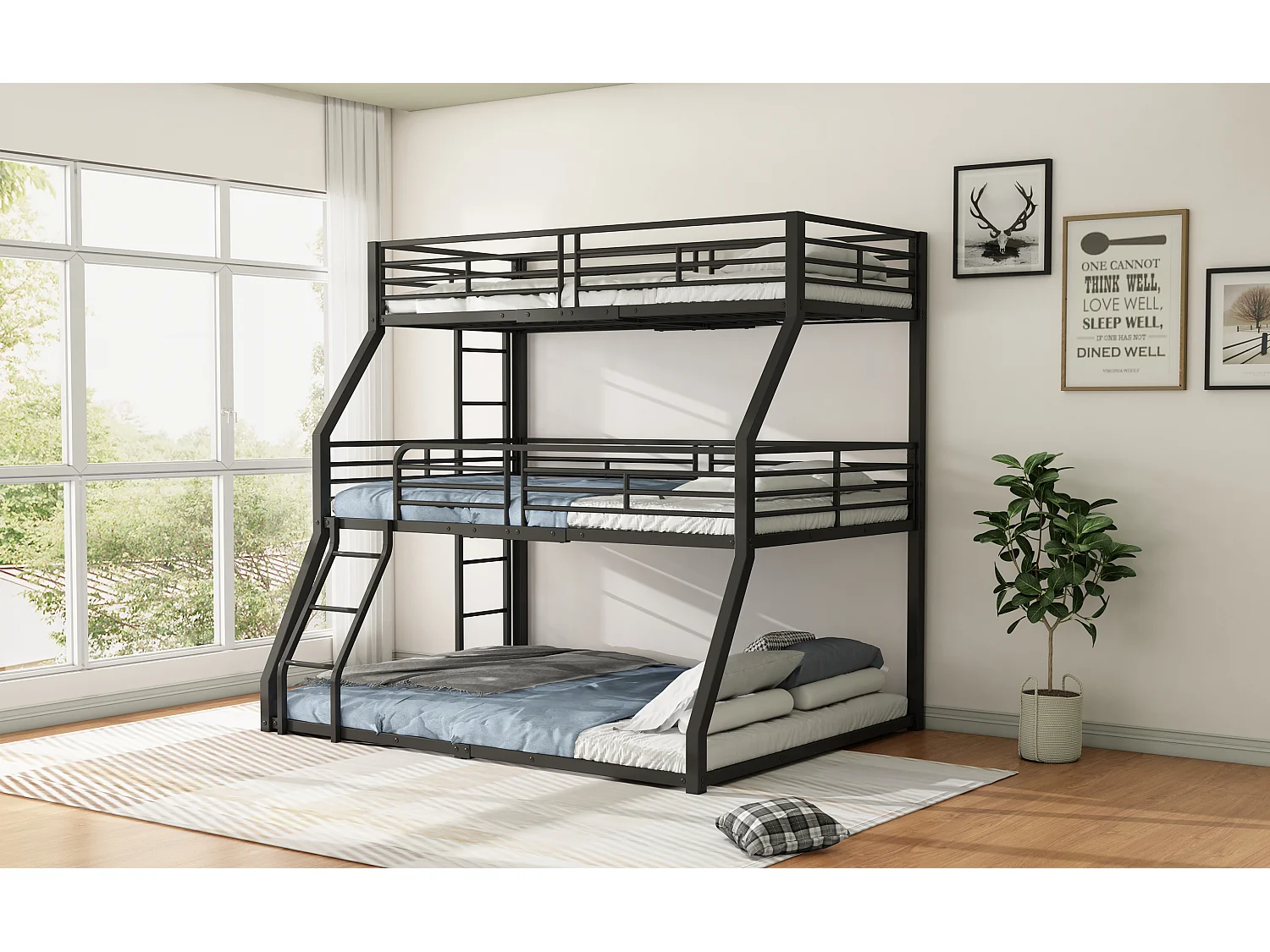 Lit superposé triple 90x200 120x200 140x200 cm noir, cadre en métal, pour enfants, ados et adultes, sans matelas