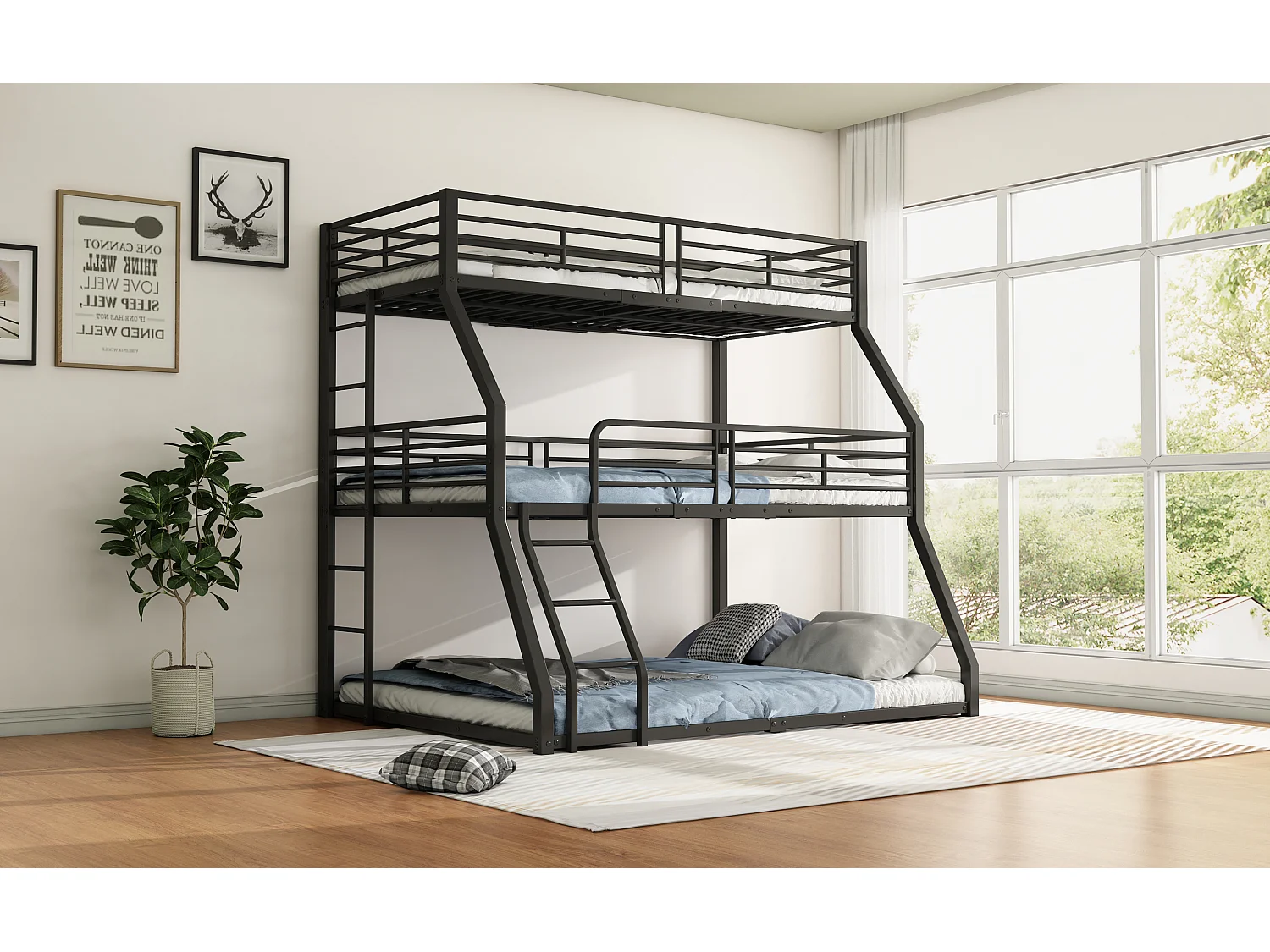 Lit superposé triple 90x200 120x200 140x200 cm noir, cadre en métal, pour enfants, ados et adultes, sans matelas