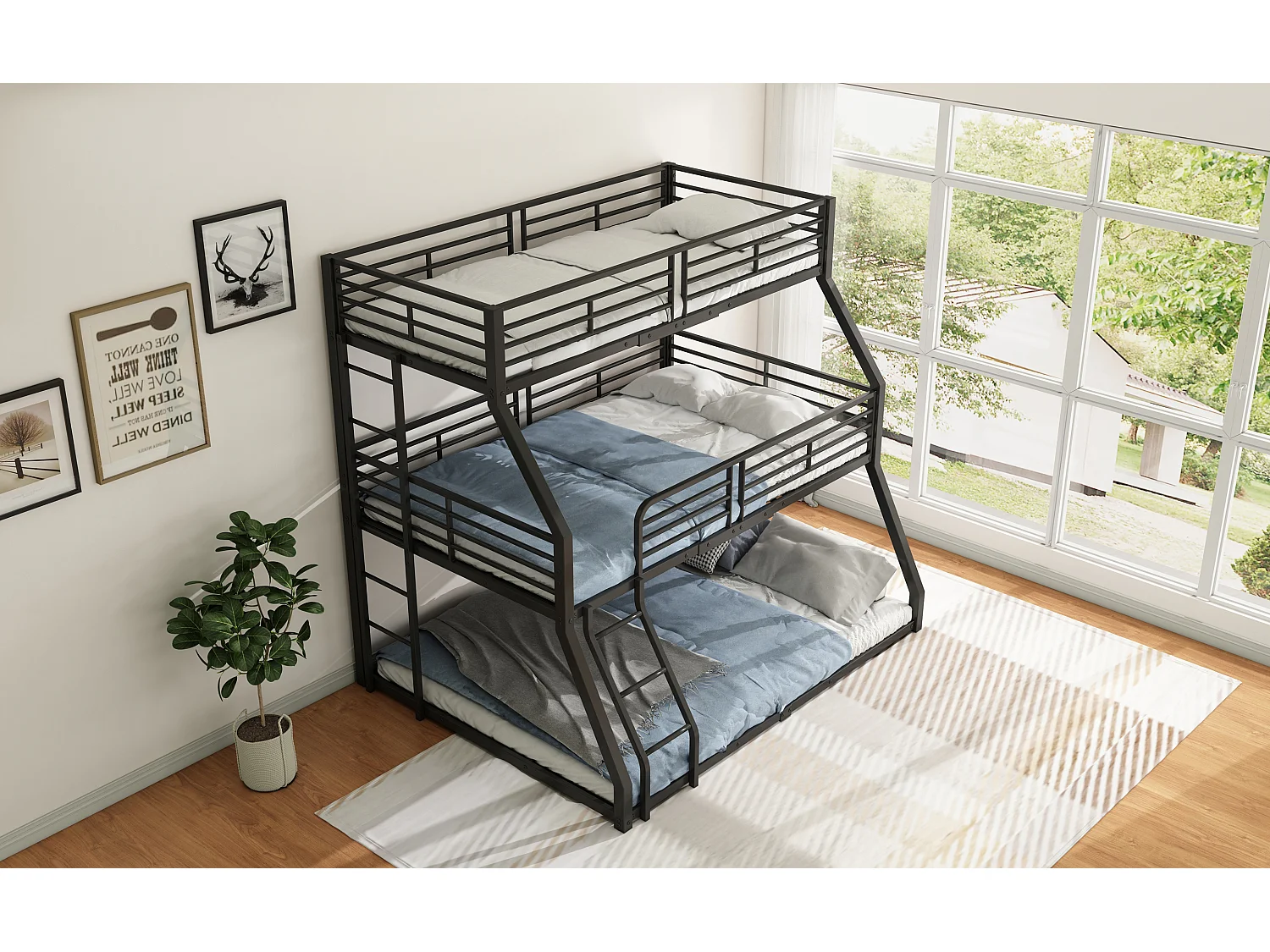 Lit superposé triple 90x200 120x200 140x200 cm noir, cadre en métal, pour enfants, ados et adultes, sans matelas
