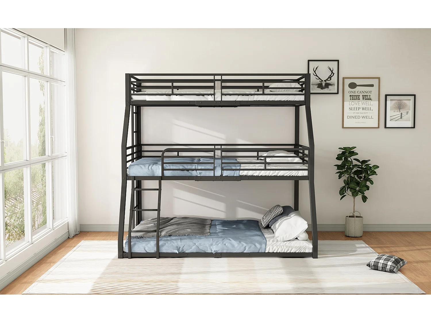 Lit superposé triple 90x200 120x200 140x200 cm noir, cadre en métal, pour enfants, ados et adultes, sans matelas