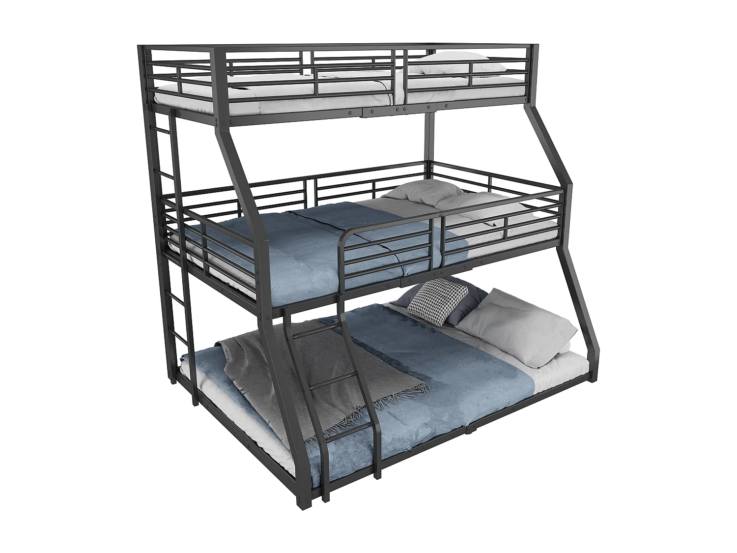 Lit superposé triple 90x200 120x200 140x200 cm noir, cadre en métal, pour enfants, ados et adultes, sans matelas