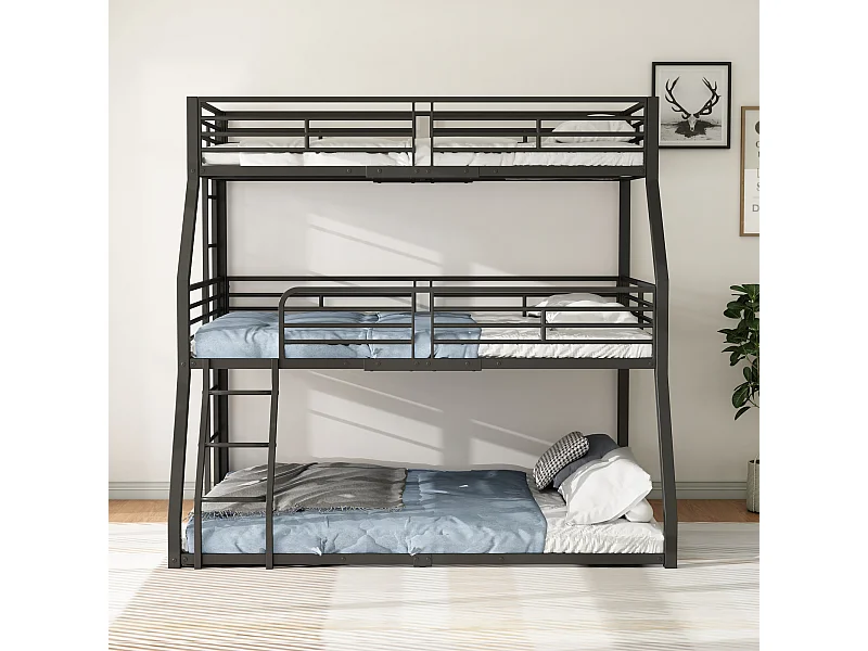 Lit superposé triple 90x200 120x200 140x200 cm noir, cadre en métal, pour enfants, ados et adultes, sans matelas