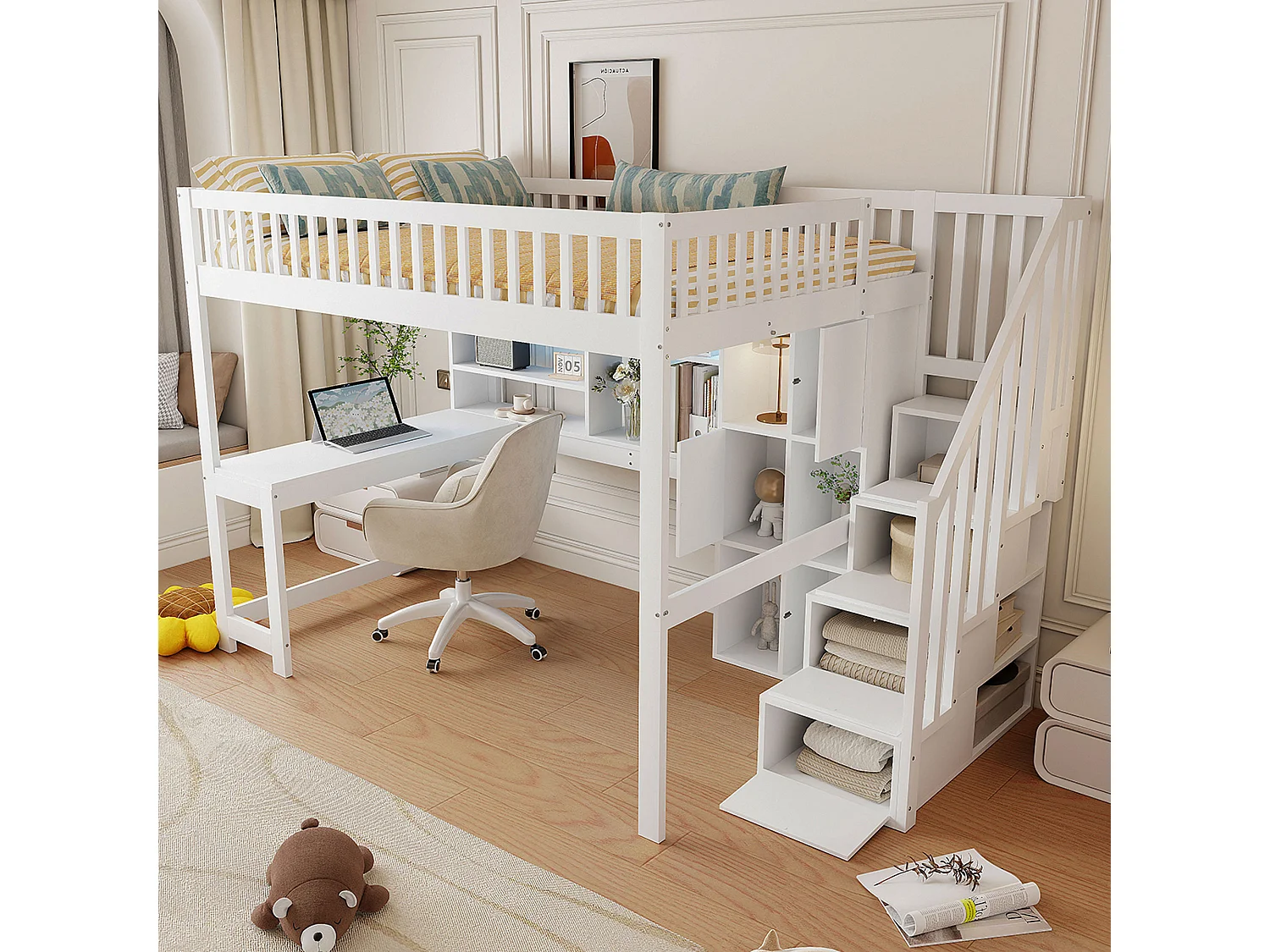 Lit mezzanine 140x200 cm en bois blanc, avec LED, bureau, étagères, rangements ouverts et échelle intégrée