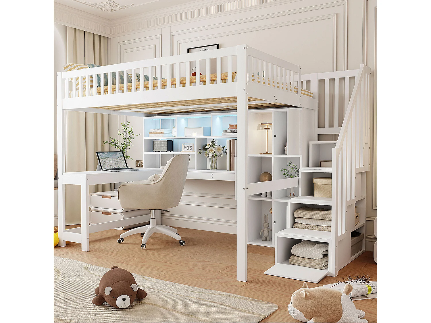 Lit mezzanine 140x200 cm en bois blanc, avec LED, bureau, étagères, rangements ouverts et échelle intégrée