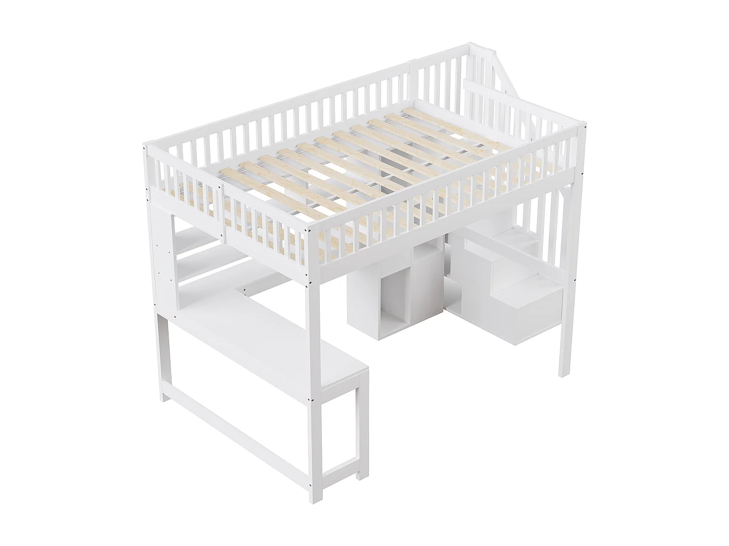 Lit mezzanine 140x200 cm en bois blanc, avec LED, bureau, étagères, rangements ouverts et échelle intégrée