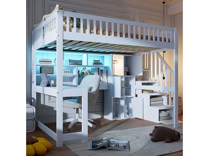 Lit mezzanine 140x200 cm en bois blanc, avec LED, bureau, étagères, rangements ouverts et échelle intégrée